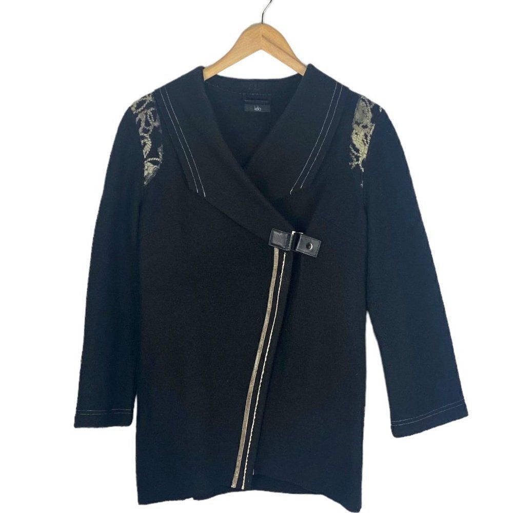 Kello Women's Black Wool Embroidered Wrap Lightweight Jacket Front Strap US 8